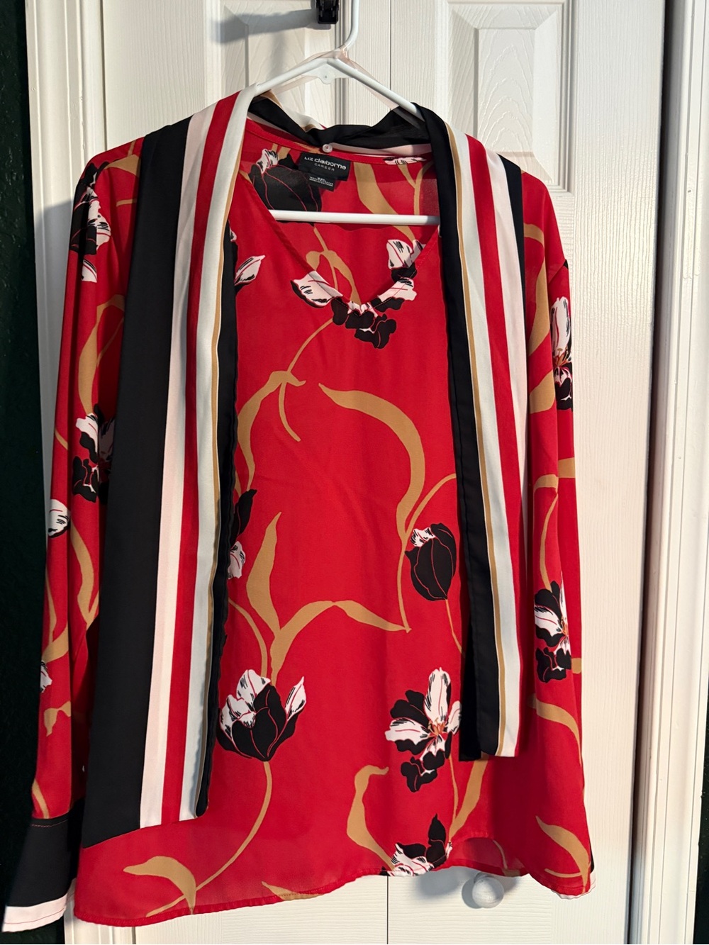 Liz Claiborne Red Floral Career Blouse with Black and Tan Accents